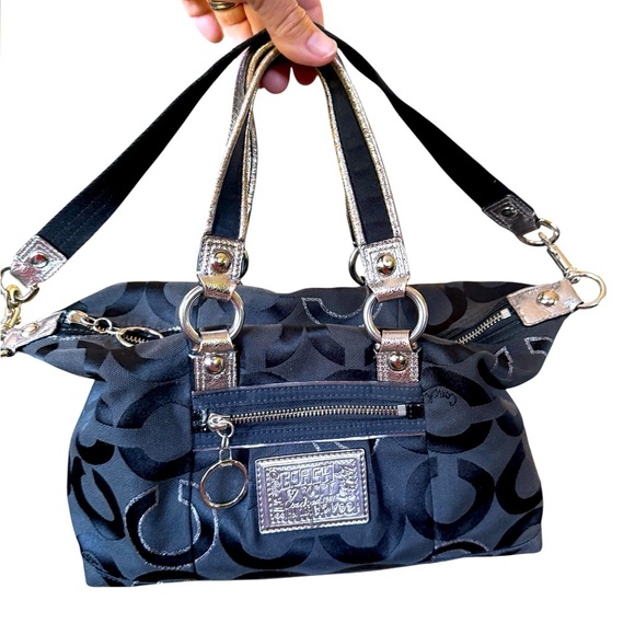COACH 2010 POPPY OPT ART SATEEN LUREX SATCHEL BAG BLACK/SILVER #15863 - Picture 1 of 9